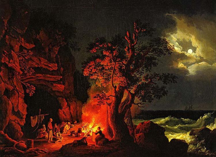 Jacob Philipp Hackert Fischerfamilie am nachtlichen Lagerfeuer mit aufgewuhlten Meer oil painting image